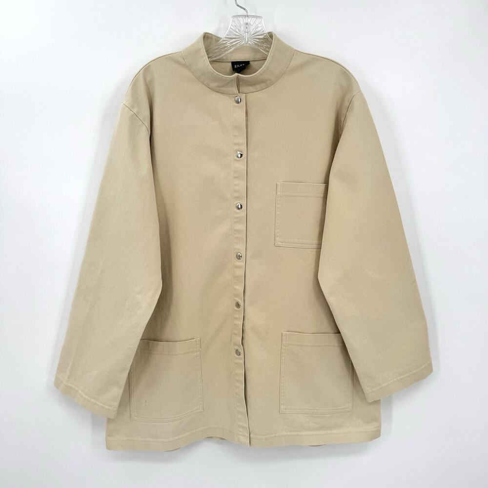 Eileen Fisher Beige Collarless Snap-Front Jacket
